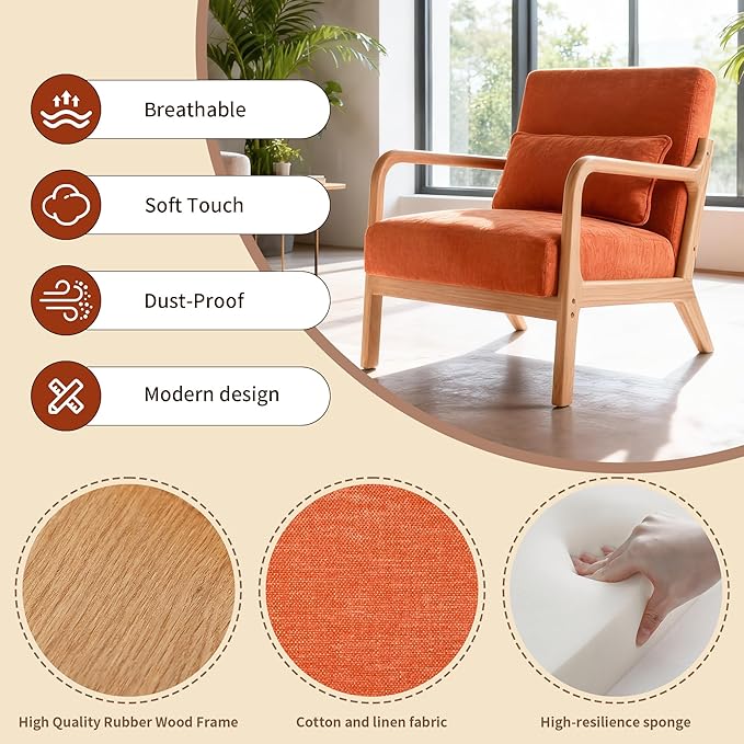 Mid Century Modern Accent Chair with ArmrestsSolid Wood Frame Cushioned Seat &amp Backrest Easy Assembly Ideal for Living Room Bedroom Office Orange