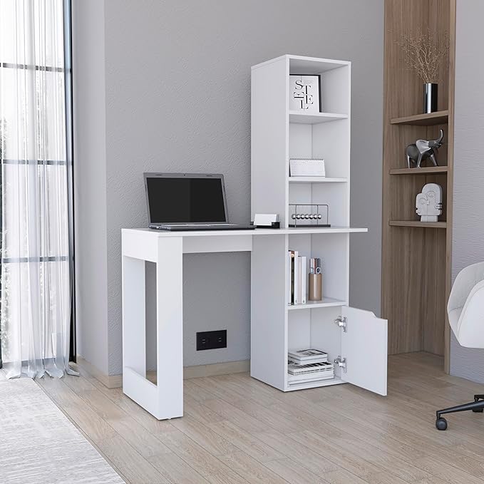Iowa Computer Desk with 4-Tier Bookshelf - Spacious White Home Office Desk with Storage Cabinet