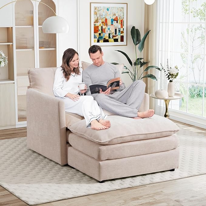 Oversized Chaise Lounge Chair Indoor Modern Comfy Chenille Cloud Accent Chair and A Half with Ottoman Single Deep Seat Sofa Couch Reading Armchair for Living Room Bedroom Apartment Beige