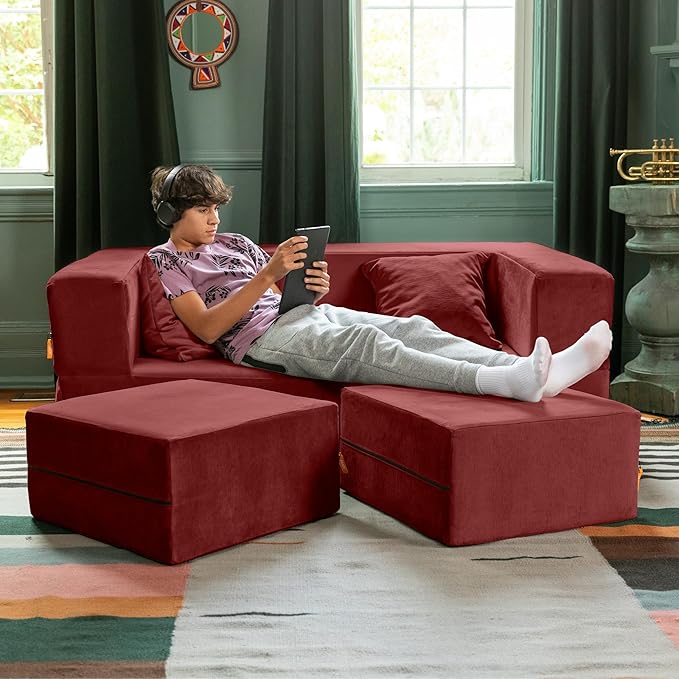 Jaxx Zipline Convertible Sleeper Loveseat &amp Ottomans Textured Microvelvet - Berry Red
