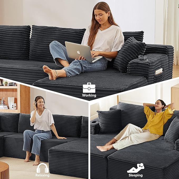 GNIXUU 133.5 Corduroy Boneless Sectional Couches for Living Room Oversized Plush U Shaped Cloud Couch Modular Sectional Sofa with Deep Seat Cup Holders &amp Storage Pocket No Assembly Required Gr