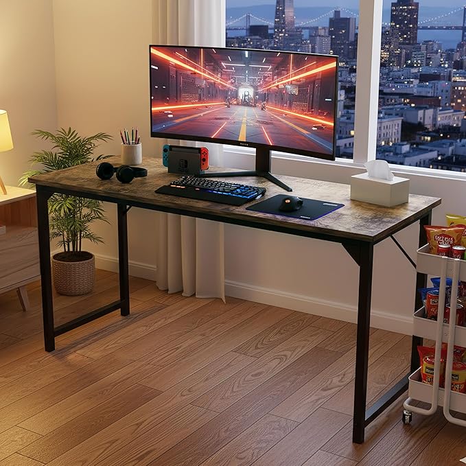 OLIXIS 63 Inch Computer Office Desk for Small Spaces Writing Gaming Work Desk Modern Study Table with Storage Bag &amp Headphone Hook Home Bedroom Rustic Brown