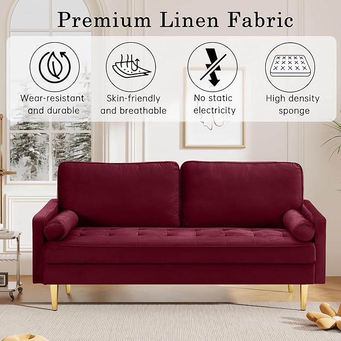 2-Seater Velvet Tufted Love Seat Couch with Bolster Pillows 67 Mid Century Modern Loveseat Sofa Golden Frosted Legs for Small Space Living Room Apartment Bedroom (Red)