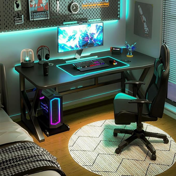 Ergonomic Gaming Desk Ultra Wide Curved Gaming and Office Table Modern Home Desk Gamer Computer Desk (Walnut 31.5″)