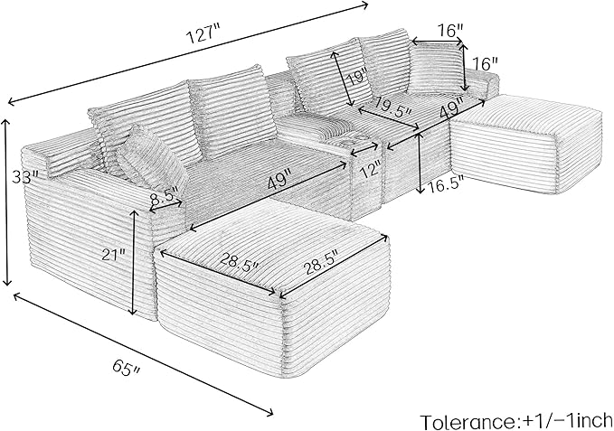 U-Shaped Cloud Sectional Couch Symmetrical Modular Compressed Boneless Sectional Sofa with Chaise Lounges and Console Plush Corduroy Boneless Corner Sofa for Living Room