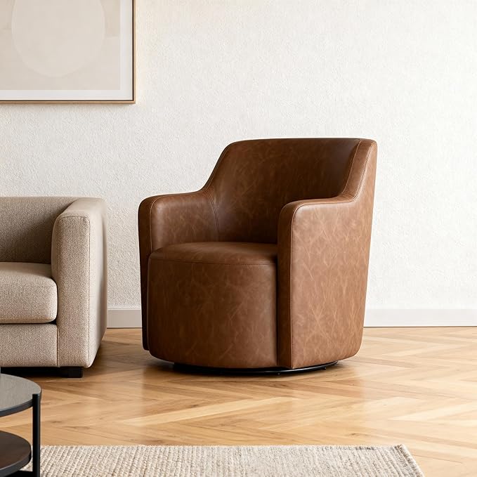 Homepop Home Décor Upholstered 360° Barrel Back Swivel Chair | Accent Chairs for Living Room &amp Bedroom | Decorative Home Furniture Cognac Faux Leather