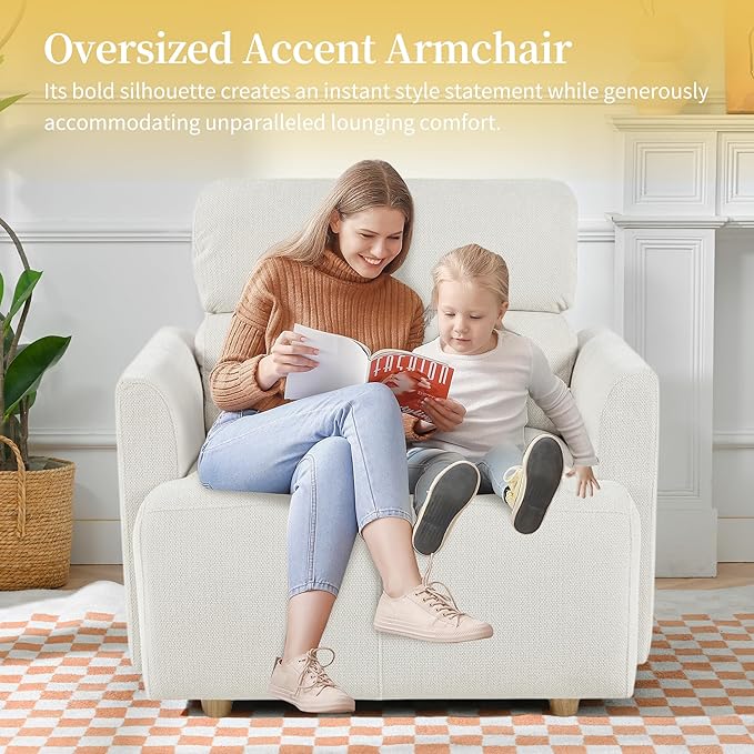 Modern Oversized Accent Chair with Storage Ottoman &amp Side Pillows Snowflake Fleece Upholstered Chaise Lounge Chair Deep Seat Reading Chair for Living Room 350lbs Capacity