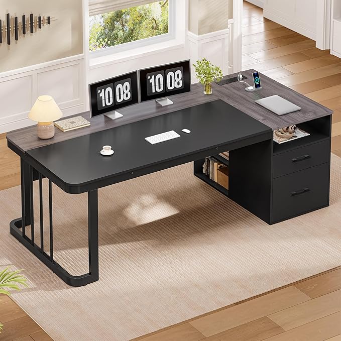 70.9 Executive Desk with Power Outlet Large Office Desk with Drawers &amp Lateral File Cabinet Modern Long Computer Desk with Adjustable Storage Shelves Workstation Business Furniture (Grey)