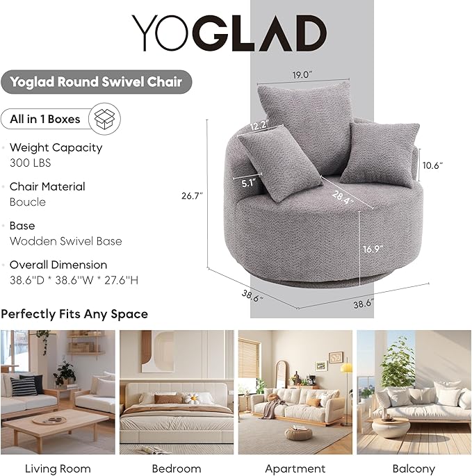 Yoglad 38.58'' Swivel Round Chair Comfy Boucle 360° Accent Chair with Thick Cushion Oversized Modern Single Sofa with 3 Pillows Soft Armchair for Nursery Living Room Bedroom Office (Grey)