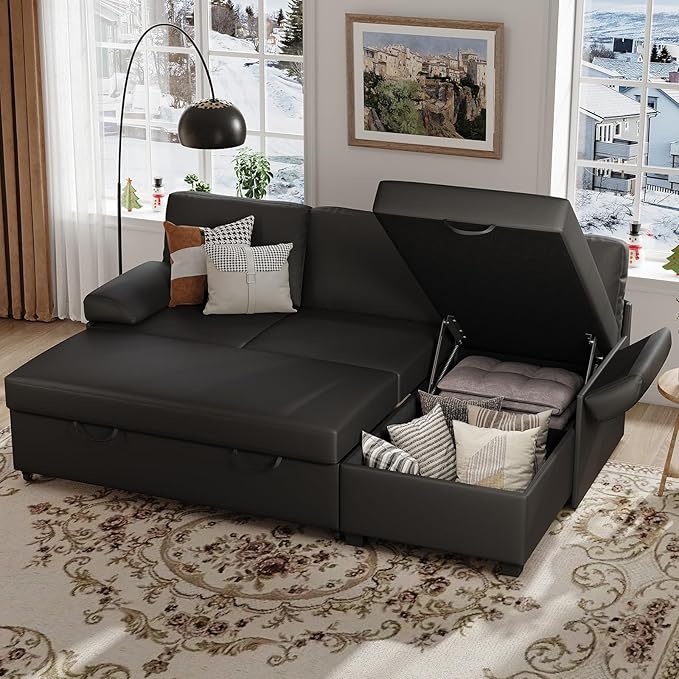 80 inch Convertible Sectional Sofa L-Shaped Sofa Sleeper with Reversible Chaise Faux Leather Couch Bed with StorageRemovable ArmrestModern Pull Out Bed for Living Room BedroomBlack