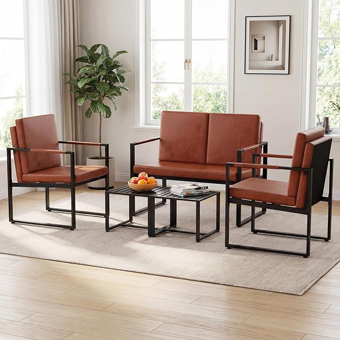 Giantex Modern Loveseat Sofa 2-Seater Sofa with Solid Metal Frame &amp Removable Back Cushions Spacious Seat &amp Supportive Armrests Indoor Couch for Living Room Bedroom Office (Brown)