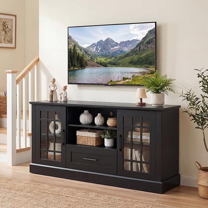 Tangkula Farmhouse TV Stand for TV up to 65 70 Inches Tall Media Console Table with 2 Glass Storage Cabinets 1 Drawer &amp 2 Open Shelves Wooden Entertainment Center for Living Room (Black)