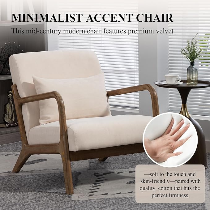 Minimalist Accent Chair Velvet Upholstered Mid-Century Modern Chair with Pillow Lounge Arm Chair with High Backrest Comfy Reading Chair for Living Room Balcony (White-Light Brown)