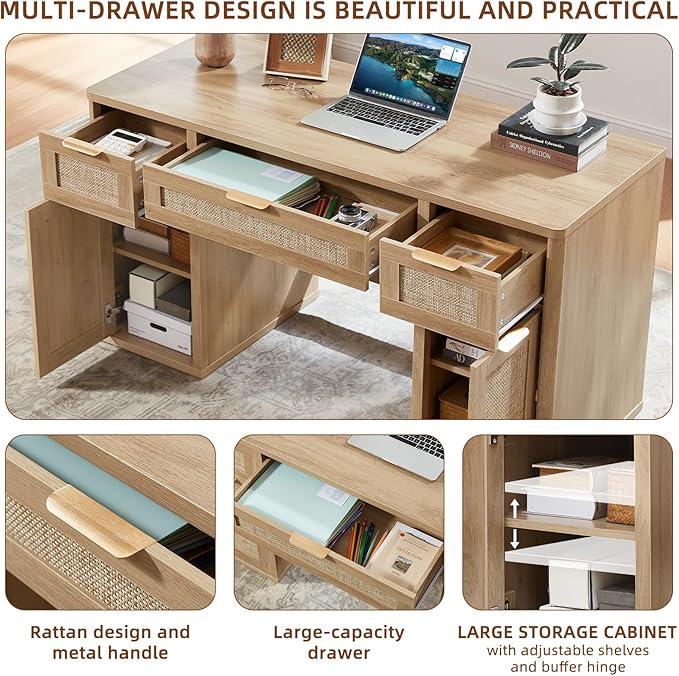 LEYAOYAO Office Desk 56 with 5 Drawers Storage File Cabinet Rattan Wood Desk for Computer Office Bedroom Home Furniture Natural