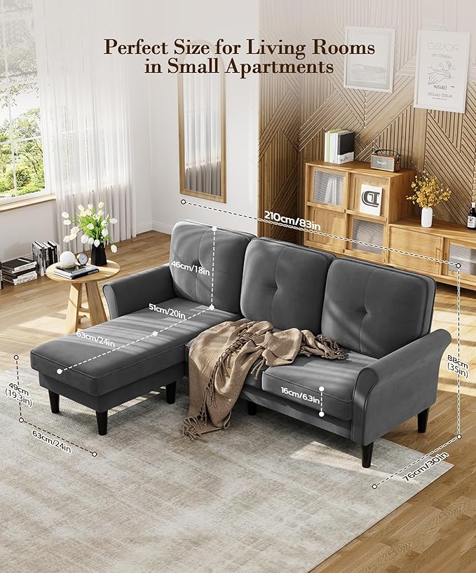 83 Sectional Couch Velvet L-Shaped Couch 3 Seater Sectional Couches for Living Room Comfy Fluffy Deep Seat Loveseat Modular Sectional Sofa with Ottoman for Apartment Office Grey
