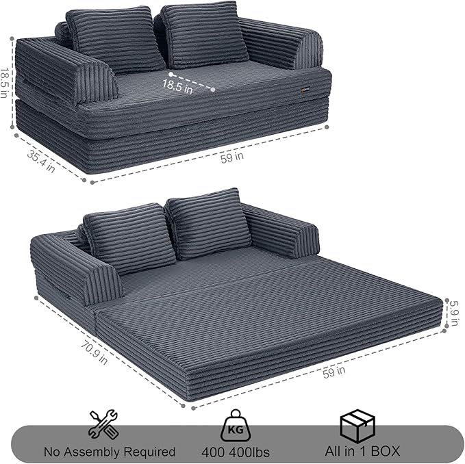 COMAX Convertible Sofa Bed Folding Floor Couch Corduroy Fold Out Couch Bed Futon Sleeper Mattress with Pillows Boneless Sofa Comfy Lounge Loveseat for Living Room Bedroom Plush Grey