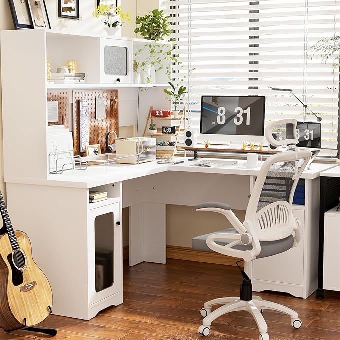 Unikito L Shaped Desk with Drawers 60 Inch Office Desk with Power Outlet and LED Lights Sturdy Corner Computer Desk with Hutch and File Cabinets 2 Person Home Office Gaming Table White