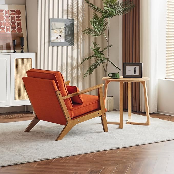 Karl home Accent Chair Wide Armrest Mid-Century Lounge Chair Linen Fabric Armchair with Lumbar Pillow &amp Solid Wood Frame for Living Room Bedroom Balcony Burnt Orange