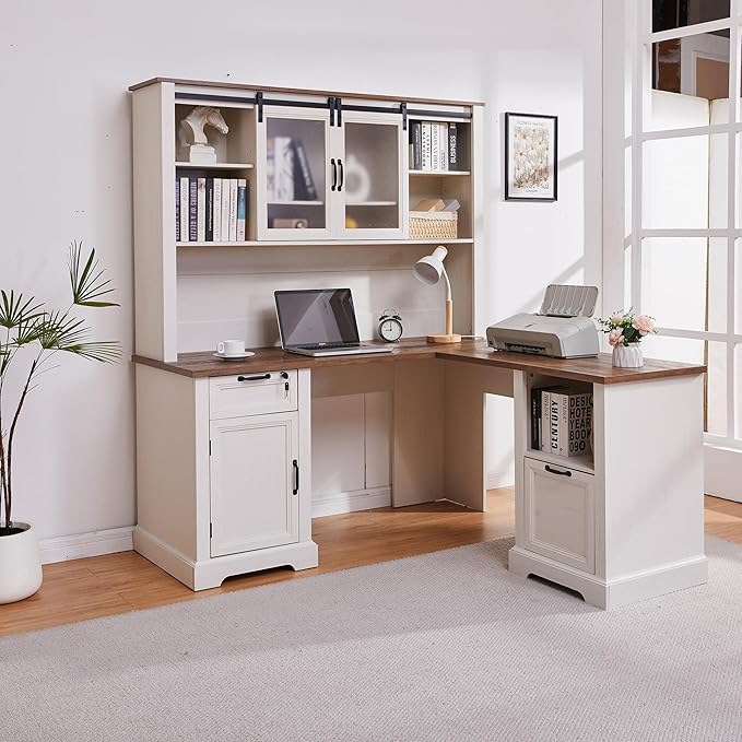 60 Farmhouse L-Shaped Executive Desk with HutchSecretary Desk with HutchCharging StationLockable Drawer Adjustable File Cabinet &amp Shelves for Home Office