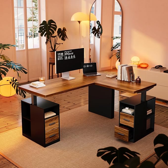HUANUO 63 Inch L Shaped Standing Desk Electric Executive Height Adjustable Desk with Storage Drawers Reversible Design Computer Workstation for Home Office Black Walnut