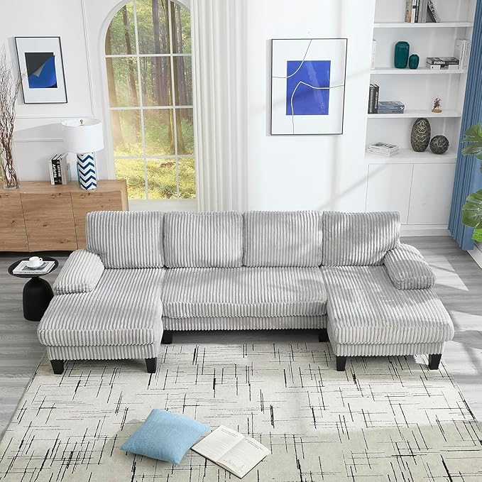 114.2” W Corduroy Sectional Sofa for Living Room U-Shaped Couch with Double Chaises and Comfortable Backrest Modern 4-Seater Deep Cloud Sofa for Small Spaces(Grey)
