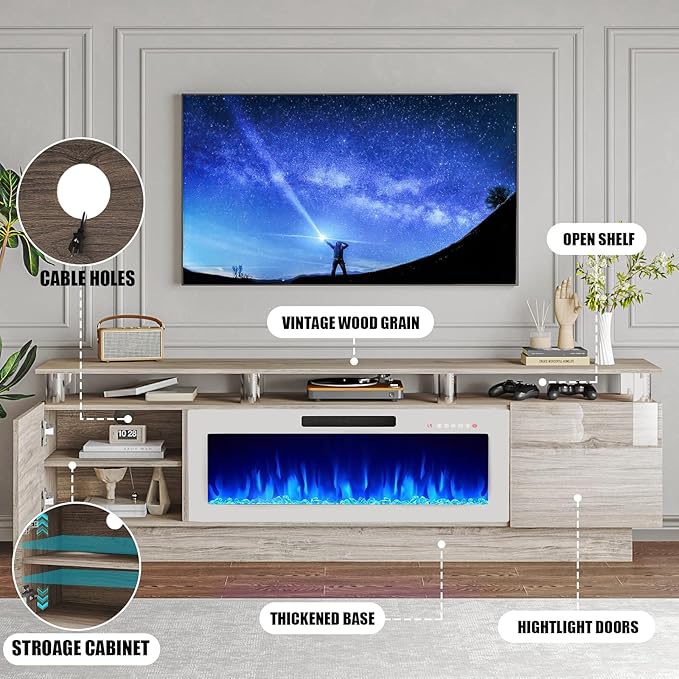 70 Modern Fireplace TV Stand with 36 Electric Fireplace for TVs Up to 80 inch Luxury LED Light Entertainment Center with High Gloss Cabinet (Grey with White Fireplace 70 (8 Acrylic Posts))