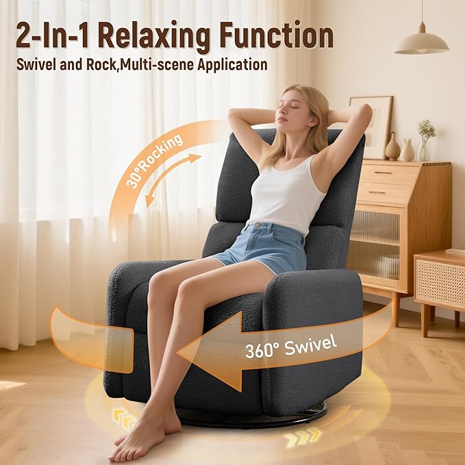 360° Rocking Chair Nursery Rocker Chair with Side Pockets Glider Nursing Chair with Steel Structure Base Small Chair for Small Spaces Sherpa Swivel Accent Chairs for Living Room Nursing