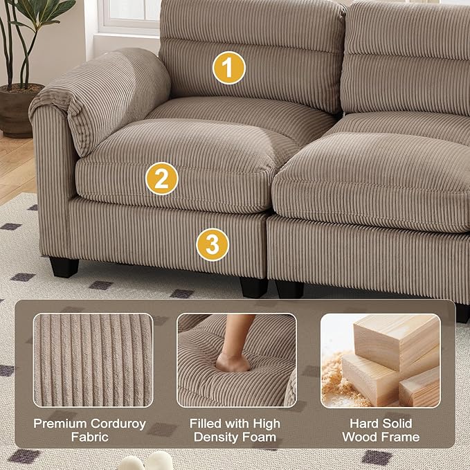 Corduroy Sofa Set Upholstered 3-Seater Couch with Plush Cushions and Rolled Arms Modern Living Room Furniture SetsBrown