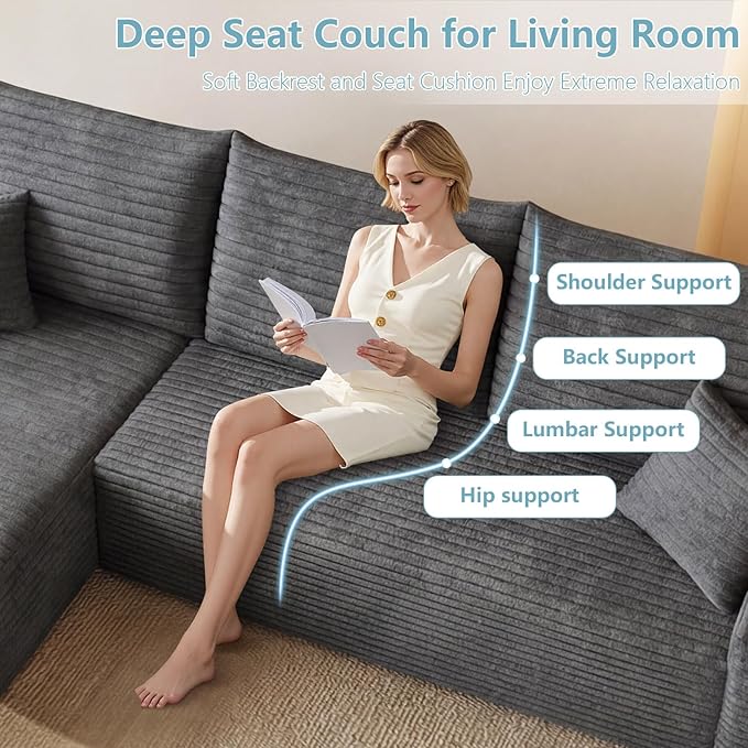 95 Cloud Sectional Couch with L-Shape Chaise Modern Corduroy Boneless Couch for Living RoomMemory Foam Sofa with Deep SeatNo Assembly Required (Dark GrayLeft-Facing Chaise)