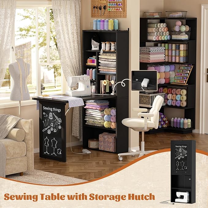 Armocity Small Folding Desk with Outlets Convertible Writing Desk for Small Spaces/Home Office/Craft Room Multi-Function Desk Workstation with Blackboard Fold-Out Cabinet Table Black