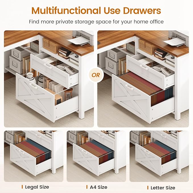 SEDETA Farmhouse L Shaped Desk 55 Home Office Desk with Drawers and Storage Shelves L Shaped Gaming Desk with LED Lights Power Outlet and Monitor Shelf Brown