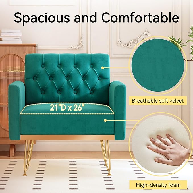 Accent Chair for Living Room Comfy Oversized Velvet Upholstered Arm Chairs Mid Century Modern Reading Single Sofa Side Chair with Tufted Back and Gold Legs for Bedroom (2 Green)