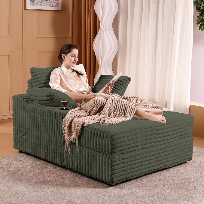 Garvee Oversized Chaise Lounge Chair Indoor with Storage Ottoman Upholstered Corduroy Sofa Bed Cloud Couch with 3 Pillows Single Sleeper Sofa Chair for Living Room Bedroom
