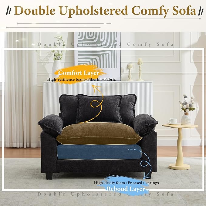 URRED Cloud Couch Accent Chair Oversized Chenille Armchair with Deep Wide Seat and Upholstered Armrests Black – Modern Lounge Chair for Bedroom or Living Room
