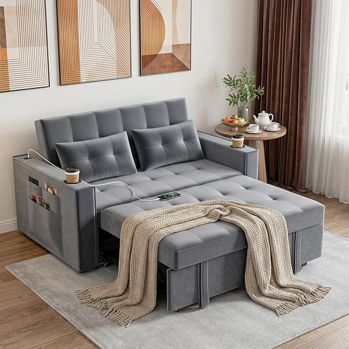 3 in 1 Convertible Sofa Bed with Charging Station Cup Holder Pillow Side Pocket Adjustable Backrest 70 Pull Out Sofa Couch Loveseat Sleeper for Living Room Apartment (Wood-Frame Grey) | Convert