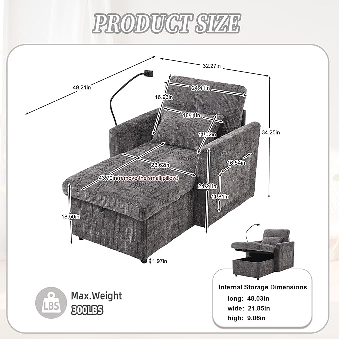 Multifunctional Recliner Sofa Chair with Storage Phone Holder &amp Adjustable Backrest Chenille Fabric Single Leisure Chair for Living Room Bedroom Small Spaces (Grey)