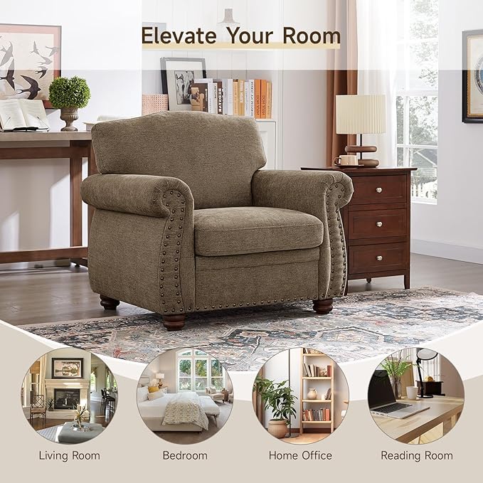 ONBRILL Nailhead Trim Armchair Rolled Arm Accent Chair for Living Room Comfy Chenille Club Sofa Chair w/Springs Cushions &amp Wood Legs Traditional Single Couch Chair for Apartment Farmhouse Bro