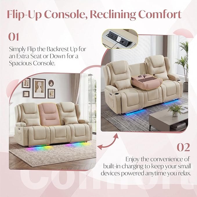 Power Loveseat Recliner SofaReclining Loveseat RV Recliners with Speaker/USB Ports/LED LightsPower Recliner Loveseat Sofa with Cup Holders for Living Room (Beige 3-Seater)