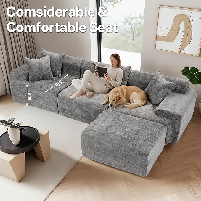 119 Modular Sectional Sofa Cloud-Style Chenille Couch with Deep Seats &amp Chaise No Assembly Compression Sectional with Throw Pillows for Living Room Apartment Bedroom Grey