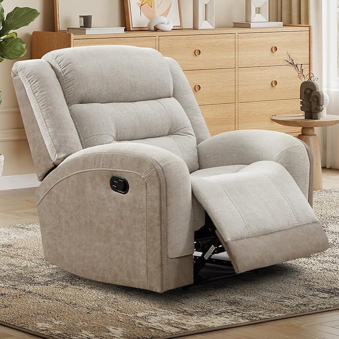 EBELLO Manual Recliner Chair Plush Fabric Single Recliner with Padded Seat Overstuffed Headrest and Supportive Footrest Perfect for Living Room Bedroom or Home Theater Beige