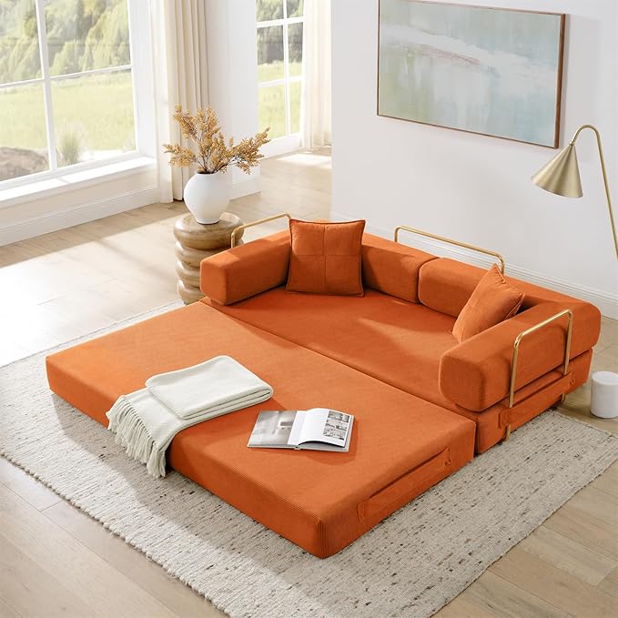 4-in-1 Folding Convertible Sofa Bed 78 Inch Boneless Couch with Fixed-Shape Frame Corduroy Loveseat Sleeper with Pull Out Bed Floor Sofa Modular Futon Couch for Living Room Bedroom Lounge (Orange)