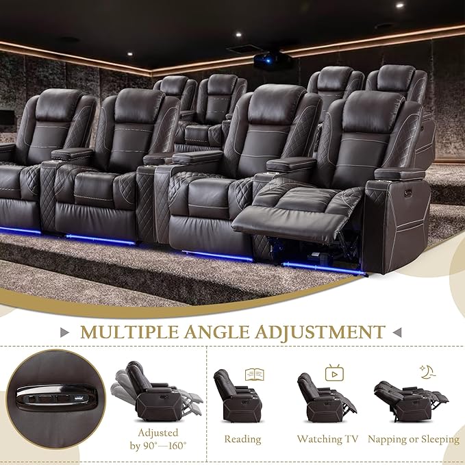 TUNYI Home Theater Recliner Chair - Power Recliner Sofa Chair with Adjustable Headrest Faux Leather Reclining Chair with USB/Storage/LED Light/Cup Holder (Brown 2 Seat)