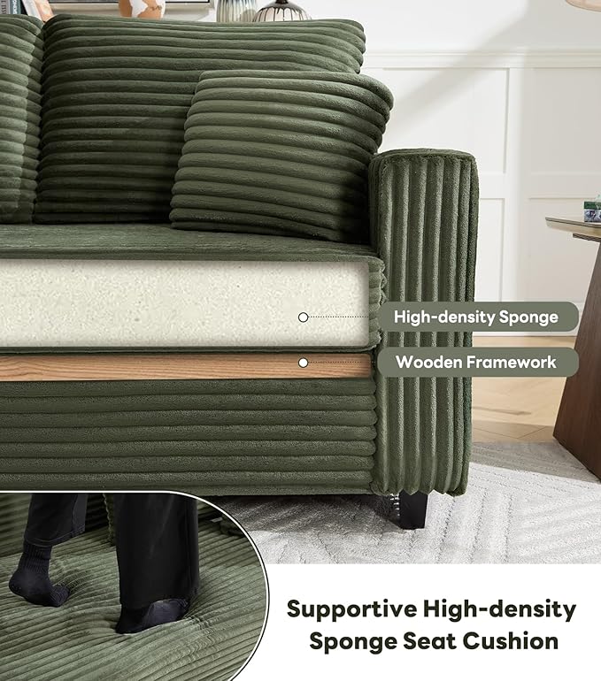 Tbfit 63.4 Oversized Loveseat with Storage Ottoman Comfy Chaise Lounge Chair Indoor Corduroy Sleeper Sofa Bed Modern Upholstered Love Seat Couch for Living Room Bedroom Apartment Green | Breath