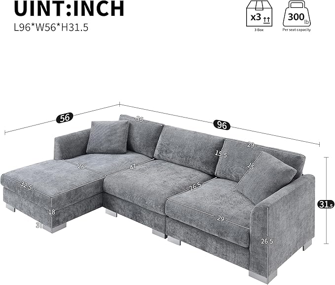 Deep Seat Oversized L Shaped Modular Sectional Sofa with Extra Wide Chaise 4 Seater Cloud Lounge Sofa Corner Couch with Metal Legs and Detachable Cushions for Living Room Apartment Chenille Fabric