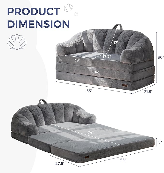MAXYOYO Folding Sofa Bed 2 in 1 Convertible Sofa to Lounger Comfy Loveseat Bean Bag Chair for Adults Floor Sleeper Couch with Handle Faux Fur Couch Bed for Living Room Bedroom Grey Loveseat