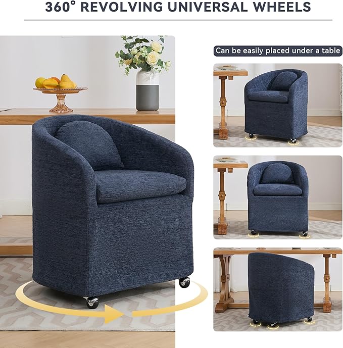 KEIKI Set of 1 Chenille Fabric Dining Armchair with Back Cushion and Universal Wheels Ergonomic Backrest 250 lbs Capacity Easy Assembly for Dining Room and Indoor Spaces