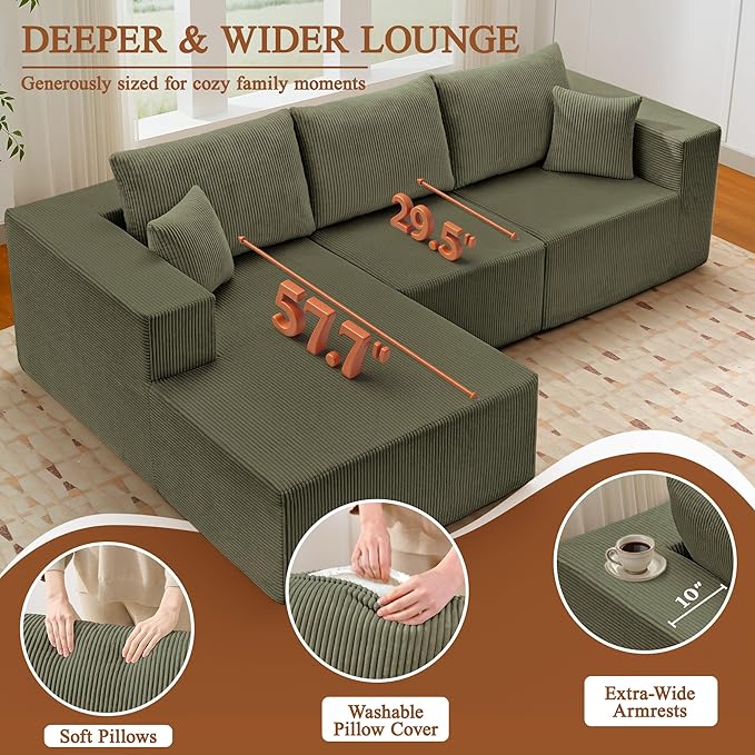 Modular Sectional Sofa for Living Room 108 Cloud Couch Sectional with L-Shape Chaise Modern Upholstered Corduroy Boneless Couch with Memory Foam Deep Seat No Assembly Required (Green)