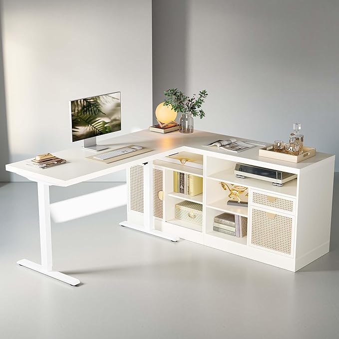 67 L Shaped Standing Desk with Drawers and File Cabinet AC/USB 1.18 Desktop Height Adjustable Wood Desk Electric Desk with Multiple Functions for Home and Office White Rattan