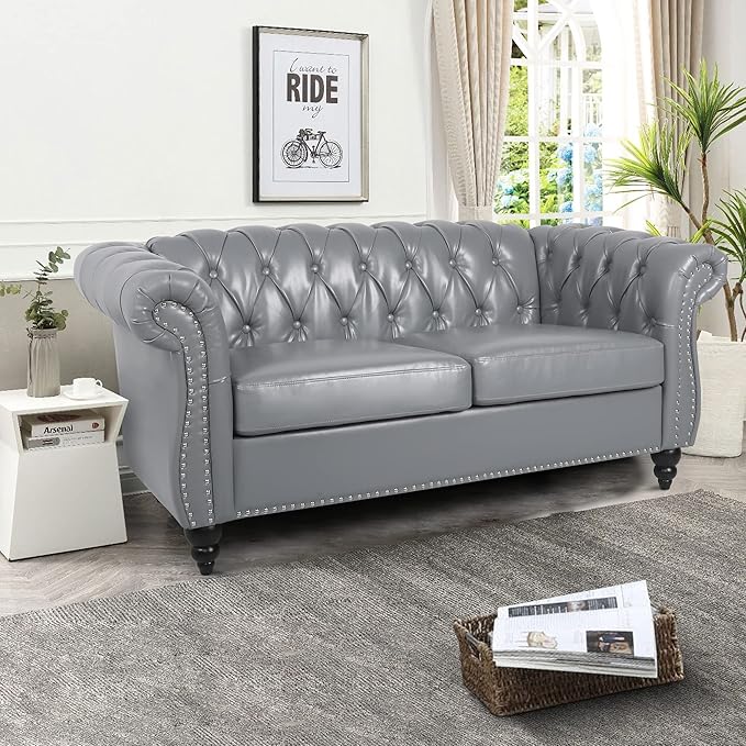 RARZOE Traditional Chesterfield PU Loveseat Sofa Modern Vintage Chesterfield Button Tufted Faux Leather Couch with Nailhead Trim Scrolled Arms for Living Room Bedroom Office(Grey)