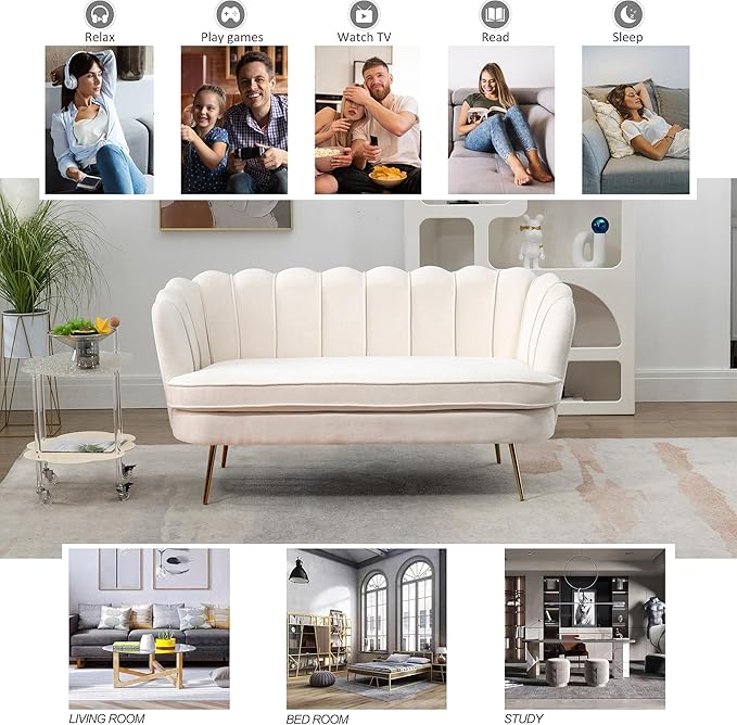 59 Modern Chenille Loveseat Couch Small Sofa with Gold Metal Legs2-Seater Upholstered Mini Sofa Couches for Small SpaceLiving Room Bedroom Office Dorm Studio Apartment (Beige)